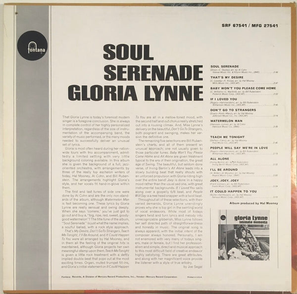 Gloria Lynne, "Soul Serenade" Promo LP (1965). Back cover image. Mono. R&B, soul, and jazz, from the late great Gloria Lynne.