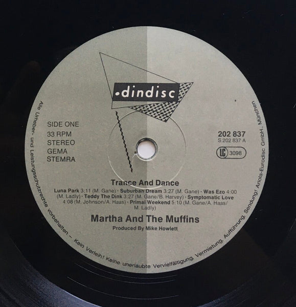Martha and the Muffins, "Trance and Dance" LP (1980). Record label sticker image. Pop-rock, new wave, no wave, electronic, dance from Canadian group, M + M.