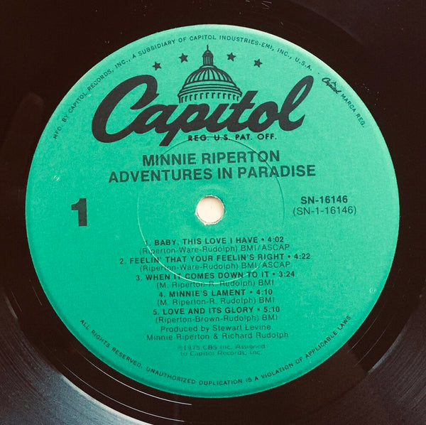 Minnie Riperton, "Adventures In Paradise" LP (1975). Record label sticker image. Soul, pop. Unique press, rare find.