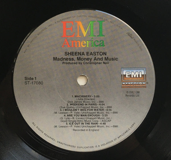 Sheena Easton, "Madness, Money and Music" LP (1982). Record label sticker image. Pop-funk, dance, new-romantic.