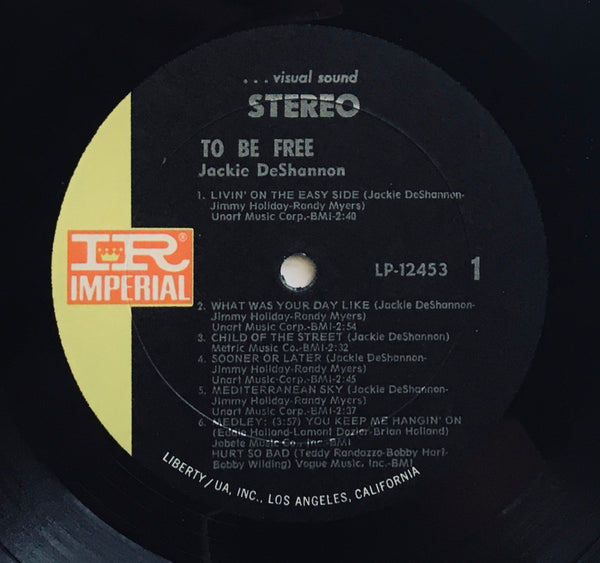 Jackie DeShannon, "To Be Free" LP (1968). Record label sticker image. Folk, pop, pop-rock, sixties.