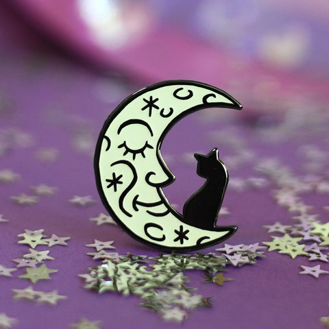 Halloween Moon Glow-In-The-Dark Cat Enamel Pin